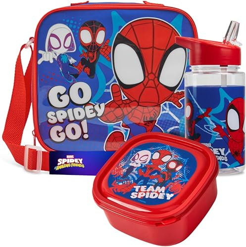 Get Trend Marvel Spidey Lunchtasche Kinder Set mit Trinkflasche und Lunchbox BPA Frei Isolierte Tasche für Schule Kita Kindergarten Urlaub (Spidey)