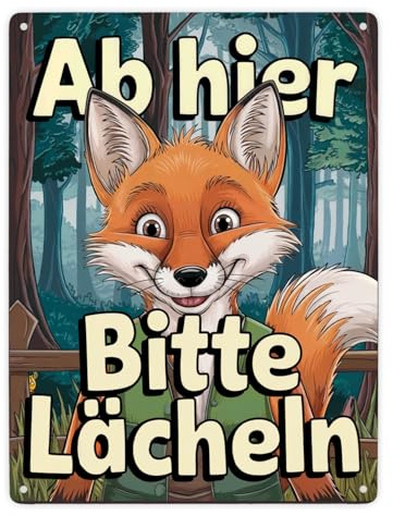 Lächelnder Fuchs im Wald Metallschild XXL in 28x38 cm - Bitte lächeln Illustration von charmantem Fuchs in grüner Weste im Wald beruhigender Text auf Metallschild XXL in 28x38 cm