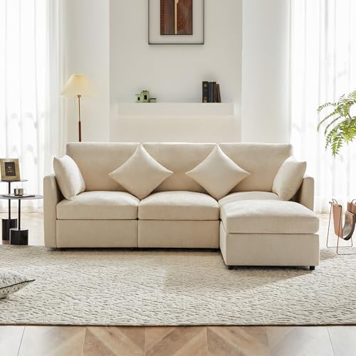Zepneiy Canapé d'angle en Forme de L, Chenille, canapé 3/4 Places au Design Moderne avec Repose-Pieds, Beige