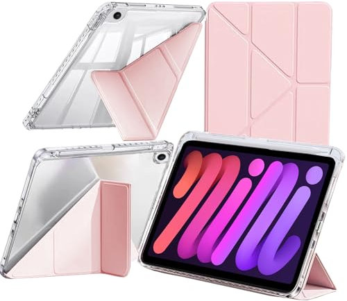 Custodia Compatibile con iPad mini (A17 Pro, Modello 2024, 7a Generazione) / mini 6 2021 con Portapenne, Chiaro Antiurto, Supporto Pieghevole a Y 6 in 1, Auto Svegliati/Sonno, Rosa
