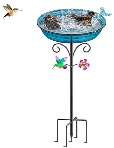 VeyFolzin.st Bain d'oiseaux en métal pour l'extérieur, autoportant, bain d'oiseaux vintage pour extérieur, cour, jardin, pelouse, décoration (bleu vintage)