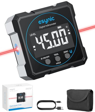 eSynic Level Box Digitale 4x90° con Laser Orizzontale, Angle Finder Magnetico Ricaricabile 2 Unità °/%, LCD Inclinometro Goniometro Preciso con Funzione di Azzeramento, Certificazioni CE/IEC60825