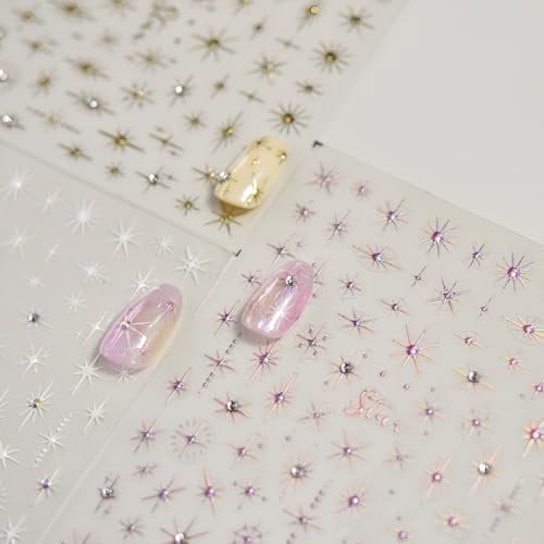 Auiremrti 3 Sheet Star Nail Sticker 5D Adhesive with Rhinestones, Star Nail Stickers, Rose-Gold Star Nail Decals with Glitter, for DIY Manicure Decoration