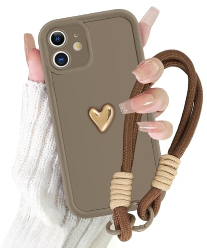 Kueqeay Coques pour iPhone 11 6,1'' avec Cordon de Bracelet, Étui Silicone Aesthetic Amour 3D Motif Dessin, Tour de Cou Telephone Universelle, Antichoc Protection Housse Lanyard Cover Case, Brun