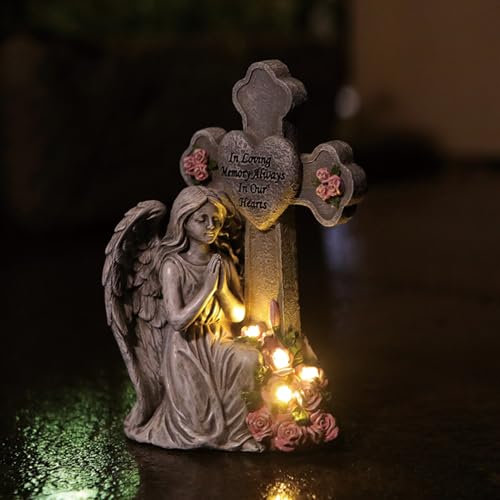 Engel Gartenfiguren mit Solar Grablicht, Grabengel Figuren mit Solar LED Beleuchtung, Gartendeko Engel Grablicht für Draußen, Wetterfest Grablichter Solar für Rasen, Hof, Fensterbank, Friedhof (B)