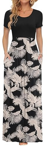 AUSELILY Damen Kurzarm Sommer Casual Long Maxi Kleider mit Taschen Waldblatt Schwarz L