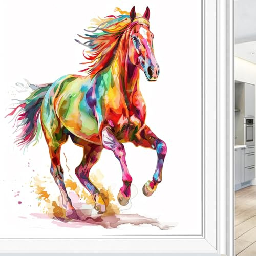 Fenster-Sichtschutzfolie mit modernen bunten Pferden, Buntglas, schöne Tiere, Fensteraufkleber für Glas, dekorative Aufkleber, statisch haftend, Sonnenschutz, 45 x 60 cm