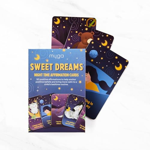 Myga Night Time Affirmation Cards for Kids - 50 Bedtime Mindfulness Cards with Positive Quotes for Girls & Boys - Relaxing Sweet Dreams Affirmations for Children’s Night Routine
