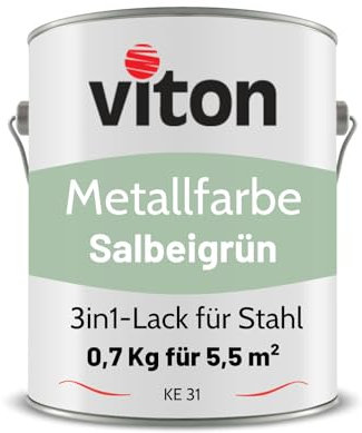 Viton Metallfarbe in Salbeigrün - 0,7 Kg Metall-Schutzlack Seidenmatt - Dauerhafter Schutz - 3in1 Grundierung & Deckfarbe - Metalllack direkt auf Rost - KE31 - RAL 6021 Blassgrün/Pastellgrün