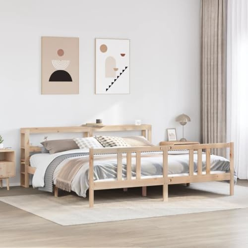vidaXL Bed Frame with Headboard, Bed Base for Bedroom, Mattress Foundation for Double Bed, Bedstead, Modern Style, 200x200 cm Solid Wood Pine