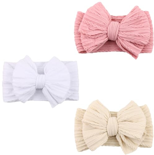 3er-Set Baby-Stirnbänder, weiche Baby-Haarbänder mit Schleifen für Mädchen, Haarschmuck für Neugeborene (Dunkelrosa, Weiß, Beige)