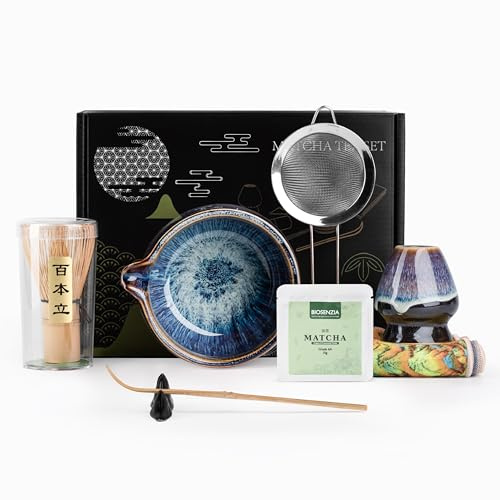 BIOSENZIA – Matcha Bowl Set 7 Pieces, Handmade Ceramic Japanese Tea Ceremony Kit with Chawan, Bamboo Whisk, Chasen Holder & 10g Premium Matcha Powder Gift - Blue (Blue, One Size)