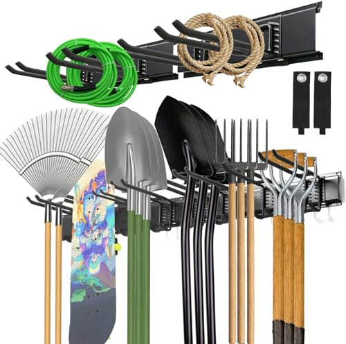 Wandhalterung Gartengeräte, 64Zoll Metall Gartengerätehalter, Gerätehalter | 12 Verstellbaren Haken, 4 Schienen, Besenhalterung Wand, Tool Organizer Wandhalterung für Besen, Schaufel, Gartengeräte