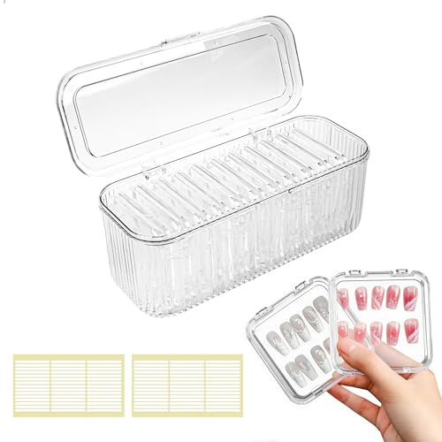 Nagel Aufbewahrungsbox Set, Nagelaufbewahrungsbox Besteht aus 12 Boxen für Press on Nails (8,5 × 8,5 cm), 90 Nagelstreifen und Großen Aufbewahrungsbox, zum Ordnen und Präsentieren von Nagelzubehör