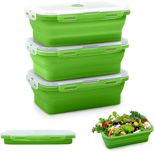 Sayudar 3 PCS Collapsible Food Containers - 1200ml Silicone Food Storage Containers, Lunch Box with Lids, Collapsible Food Boxes Designed 4 Snap-on Buckles, BPA Free Microwaveable, Green
