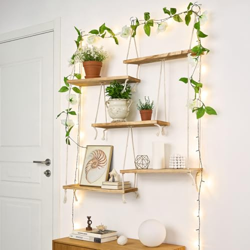 Strixorn 5-stufiges Wandregal Holz für Pflanzen,Makramee Wandbehang Regal Wand für die Wand,Boho Deko Schweberegal Handgewebte Treibholz Hängeregal Für Wohnzimmer Schlafzimmer Badezimmer (5-Lagige)