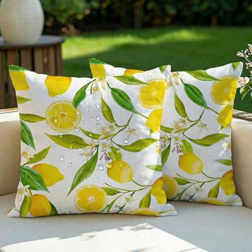 Vorysum Gelb Outdoor Wasserfest Kissenbezug 40x40 cm 2er Set Zitrone Blumen Dekokissen Modern Kissenhülle Sommer Sofakissen für Garten Sofa Balkon, Poolkissen Camping