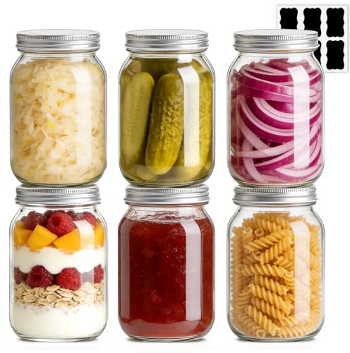 ComSaf Einmachgläser 960ml mit Schraubdeckel, Mason Jar 6er Set | Mit Etiketten, Vorratsgläser, Mason Jar Gläser, Hobbykoch Getreide, und Meal Prep Gläser, Einteilige Einmachglas