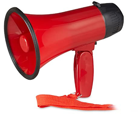 Relaxdays 2X Megafon Stadion, Megaphon mit Ole Sound, Bullhorn mit klappbarem Griff und Schlaufe, Kunststoff, 10 Watt, rot