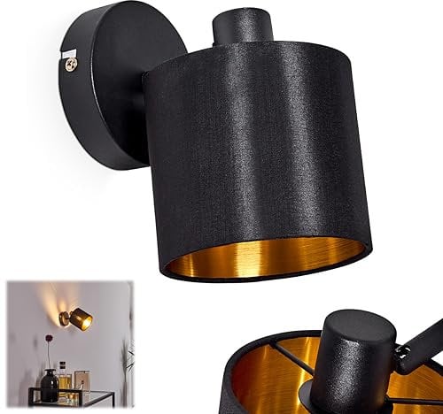 HOFSTEIN Wandleuchte Alsen, Wandlampe aus Metall/Stoff in Schwarz/Gold, 1-flammig, 1 x E14-Fassung, verstellbarer Wandspot mit Stoff-Schirm im Retro/Vintage-Desgin, ohne Leuchtmittel