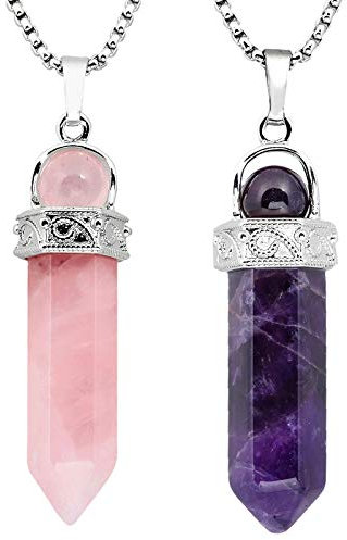 KYEYGWO 2 Stück Heilstein Punkt Anhänger Halskette für Damen und Herren, Hexagon Versilbertes Reiki Chakra Poliertes Steinpendel für Unisex, Rosenquarz & Amethyst