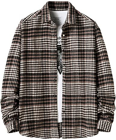 Locachy Herren Casual Baumwolle Plaid Shirts Langarm Button-Down Flanell Overshirt Jacke, Kaffee-Plaid, Mittel