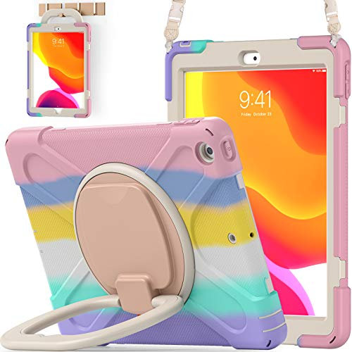 BATYUE for iPad 9th/ 8th/ 7th Generation Case (iPad 10.2 Inch Rugged Case 2021/2020/2019) with Screen Protector, Rotating Stand/Pencil Holder/Carrying Shoulder Strap (Colourful Pink)