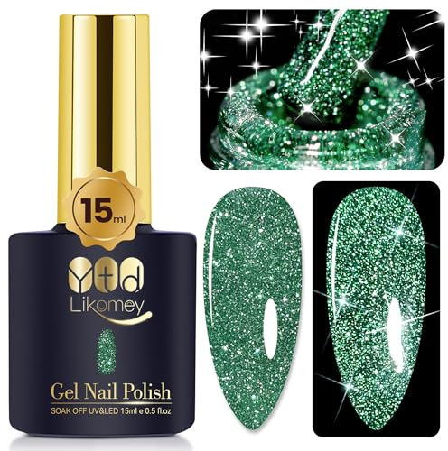 YTD Likomey Reflective Glitter Gel Nail Polish,15ml Green Flash Diamond Shimmer Nail Gel,Sparkly Shiny Salon Manicure UV Gel Varnish Christmas Gift,SZ002