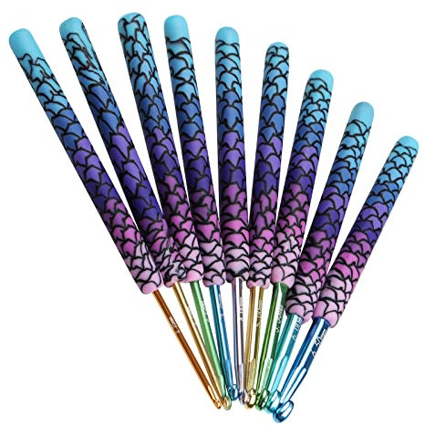 Coopay Meerjungfrau Häkelnadeln für Arthritische Hände, 9 Stück Handarbeit Ergonomische Metall Häkelnadel Set mit Lang Weichegriff, Häkelnadelset Geschenk Inklusive Größe 2,25, 2,75, 3,25, 3,75 mm