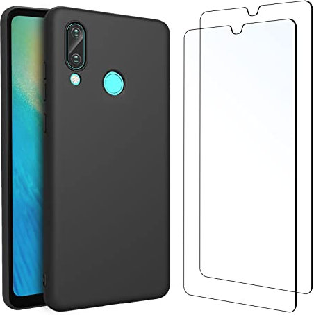 NEW'C Cover per Huawei P Smart 2019 in silicone custodia ultra sottile nero e 2 × vetro temperato per Huawei P Smart 2019, pellicola protettiva per schermo