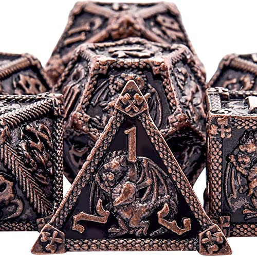 SIQUK 7 Stücke Würfel Metall Set DND Würfel Polyedrisch Würfel Metall Spielwürfel D20 D12 D10 D% D8 D6 D4 DND Dice Metal für RPG D&D Dungeons and Dragons, AntikKupfer