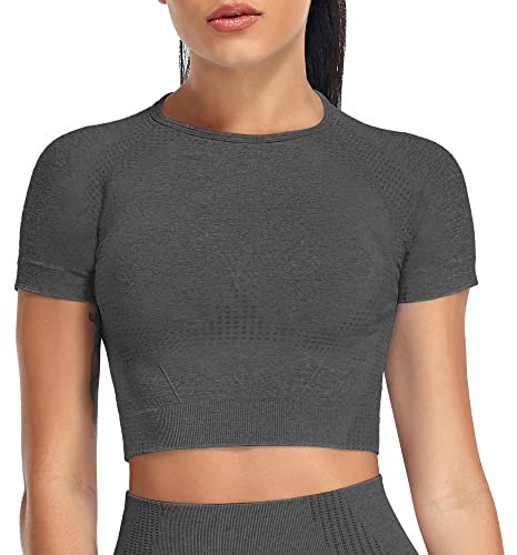 Yaavii Sport Oberteile Damen Kurzarm Gym T-Shirts Bauchfrei Crop Top Fitness Dunkelgrau M