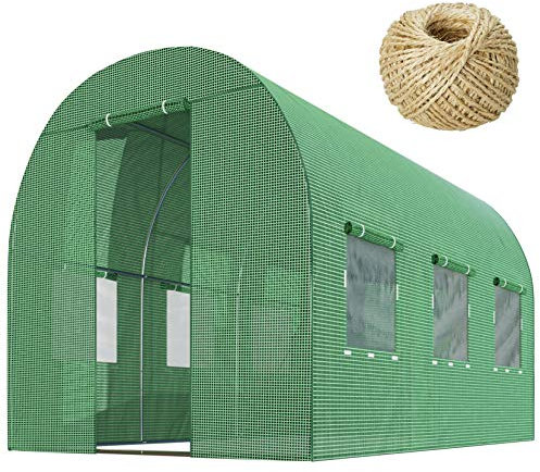 Plonos Serre tunnel de jardin 7 m2 - Serre Coche pour plantes - Housse de jardin en film PE - 6 fenêtres avec moustiquaire - Cadre en acier galvanisé - 2 x 3,5 m - Vert
