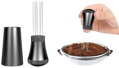 NiCoLa Coffee Distributor Aluminum Coffee Needle Distributor with Stand, 7 Stainless Steel Needle Type Hand Tamper for Barista, Coffee Lover (Black)