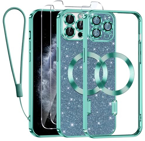 Kokio Handykette für iPhone 11 Pro Hülle mit Band, [Kompatibel mit MagSafe] Glitzer Magnetisch Handyhülle für iPhone 11 Pro mit 2 Stück Schutzfolie Stoßfeste Silikon Schutzhülle, Grasgrün
