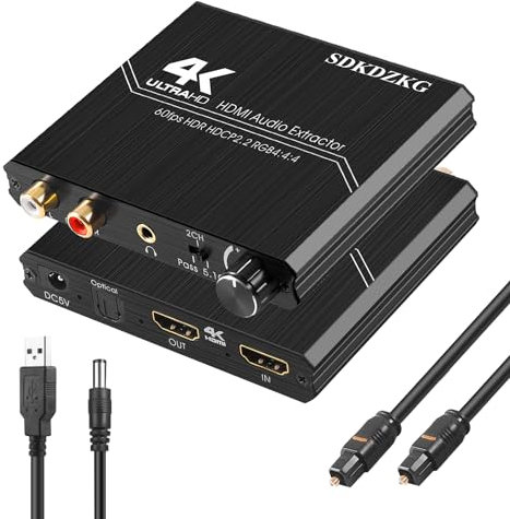 SDKDZKG HDMI 2.0 Convertidor de Audio, HDMI Óptico Toslink SPDIF 3.5mm Estéreo RCA L/R Salida de Audio Extractor, Control Volumen, Compatible 4K@60Hz HDCP 2.2 HDR 3D YUV 4:4:4, para PS4/5 Blu-ray
