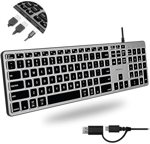 Macally Wired Keyboard for Mac with USB Hub (2X USB-A / 1x USB-C) - Compatible Backlit Apple Keyboard with Dual Interface - Auto OS Detection for Mac, MacBook Pro/Air, iMac, PC, Android, iPad, iOS