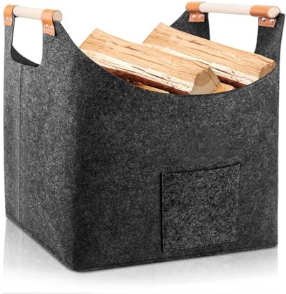 PRITOK Panier à bois de chauffage en feutre pour bois de cheminée : panier en feutre pliable avec poignée en bois renforcé, panier de rangement pour bois de chauffage, bois, courses, journaux (gris
