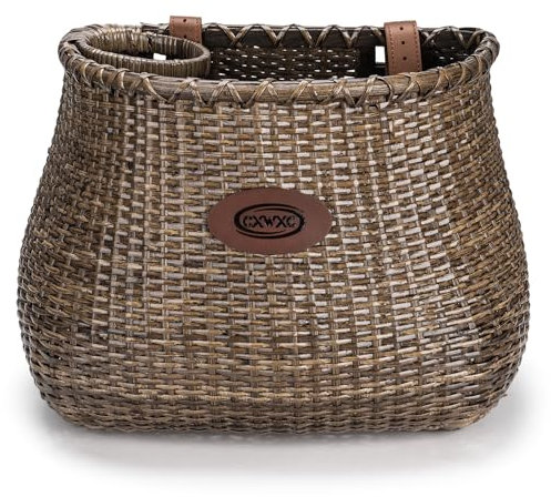 CXWXC Bike Basket - Handmade Rattan Bike Baskets for Girls Women - Front Bicycle Bike Basket with Coffee Cup Holder for Beach Cruiser, Scooter, Ebike (Dark Brown)
