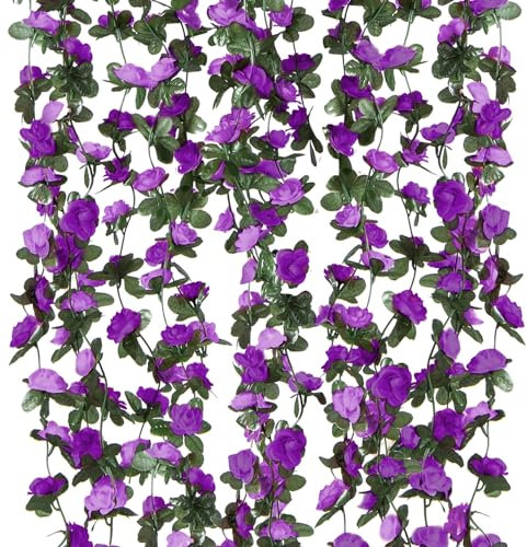 Criveple 6 Stück 49FT Künstliche Girlande Lila Blumengirlande Rosen Reben Seidenblumen im Freien Hängend Kunstblumen Deko für Hochzeit Schlafzimmer Wand Kulisse Garten Dekoration