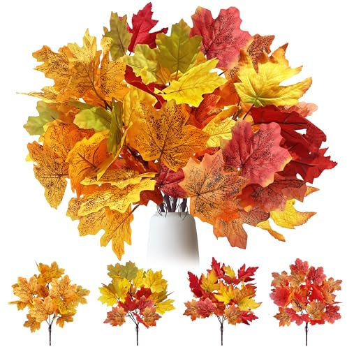 YMIFEEY 4 Bündel Künstliche Herbststrauß Ahorn Blätter Zweige Herbstzweige Herbstblätter Pflanzen Künstlich Kunstblumen Kunstpflanzen Herbst für Erntedankfest Halloween Deko Herbstdeko (3 Farben)