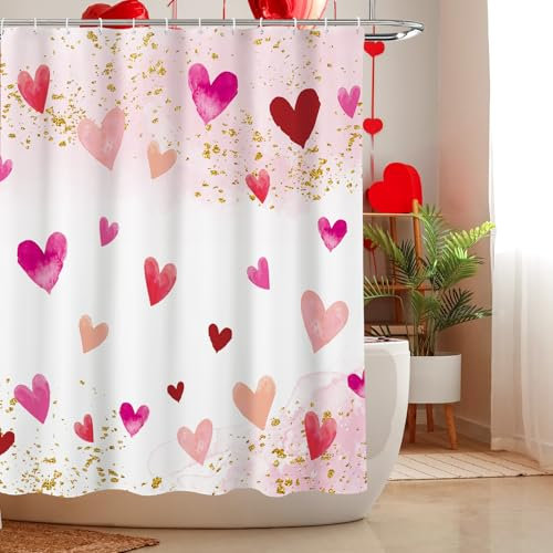 MEHOFOND Valentinstags-Duschvorhang, rosa Aquarell, Herzen, Gold-Punkte, Duschvorhang für Valentinstag, Blush Pink, Badezimmer-Dekoration, Sweetheart, Badezimmer-Vorhänge, waschbar, strapazierfähiger