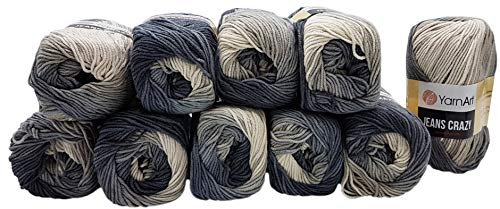 500g Strickwolle Ilkadim Export Jeans Crazy mehrfarbig mit 55% Baumwolle, 10 x 50 Gramm Baumwoll-Strickgarn mit Farbverlauf (grau altweiss 8204)