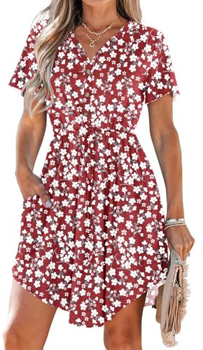 AUSELILY Summer Dresses for Women UK Casual V Neck Short Sleeve Drawstring Midi Dresses with Pockets Red Flowers L
