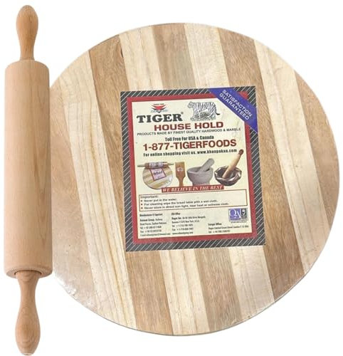 REGRO TIGER Handmade Wooden Chakla Belan Set | 12-Inch Rolling Board & Pin | Premium Kitchen Utensils for Roti, Chapati, and Dough Rolling (12 Chakla & Rolling Pin)