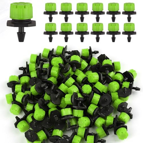 Rolcoassuns 100 goteros de riego ajustables de 1/4 pulgadas, microemisores de goteo de 360° para sistema de riego de jardín, aspersores antiobstrucción para mangueras de 4 mm/7 mm, color verde