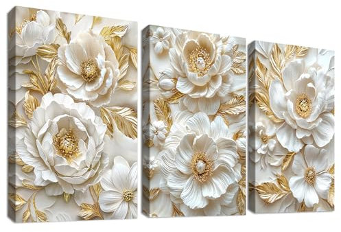 3Pcs Mit Rahmen Leinwand Bilder Beige Gold 3D Pfingstrosen Blumen Bild auf Leinwand Malerei Luxuriöses Blumen Kameo Wandbilder Zuhause Wohnzimmer Schlafzimmer Badezimmer Wanddeko 30x40cm x3pcs