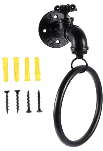 DIYEAH Handtuchring zum Einhängen im Rustikalen Industrie Stil aus Metall in Wasserhahn Form Stabiler Küchenhandtuchhalter Schwarz für Badezimmer und Küche