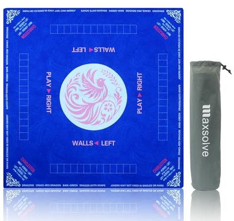 2025 Mahjong Mat, 31.5 x 31.5 Neoprene Mahjong Table Mat with Rules, Anti Slip & Noise Reduction Gaming Mat for Poker, Card, Dominoes, Board & Tile Games, Mahjong Gift with Carrying Bag - Blue