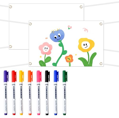 Weißes Banner 2er Set, Großes Blanko Banner 200x100cm zum Selbstgestalten mit Ösen, inkl. 6m Seil & 8 Textilstiften für Geburtstag, Jugendweihe, Party & DIY Projekte